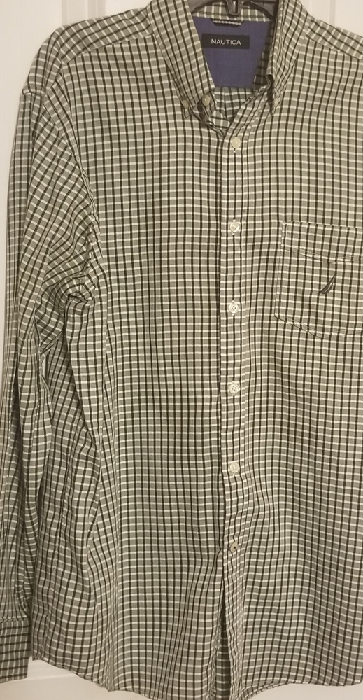 Nautica men's button shirt green/white checkers L